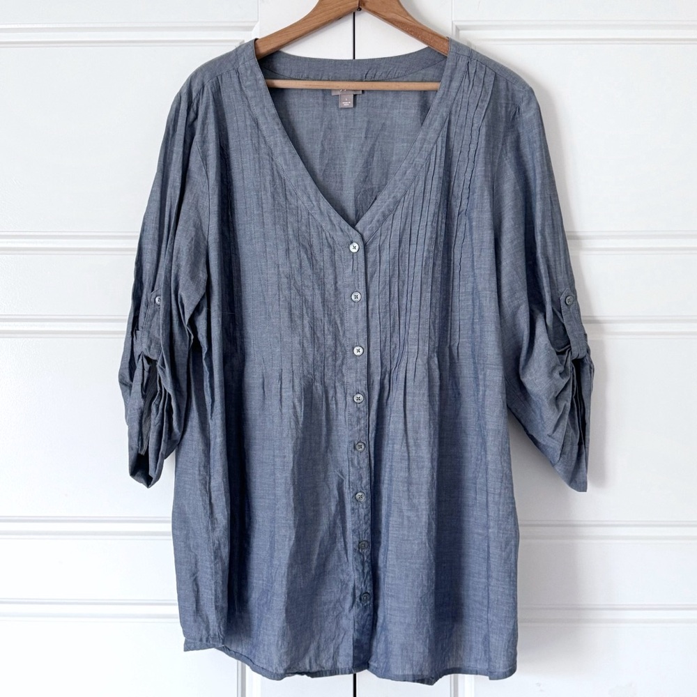 J Jill Womens Chambray Button Up Tunic Top Large Blue Roll Tab Sleeves Pintuck